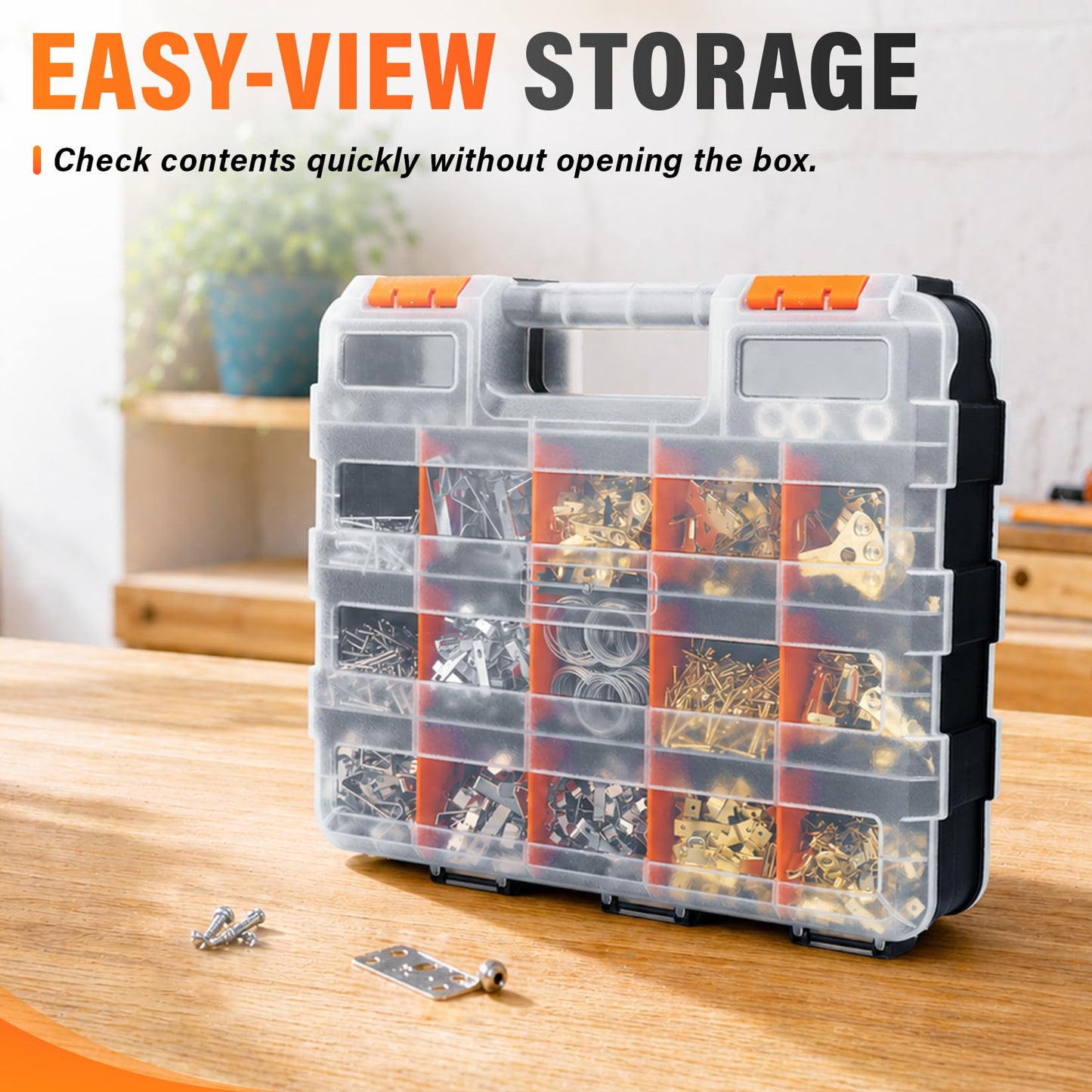 DIYSELF Screw Organizer, Double-Sided 34-Compartment Small Parts Organizer, Hardware Organizers with Adjustable Space, Clear-Lid Compartment Storage Box for Hardware, Crafts, Beads, Nuts and Bolts