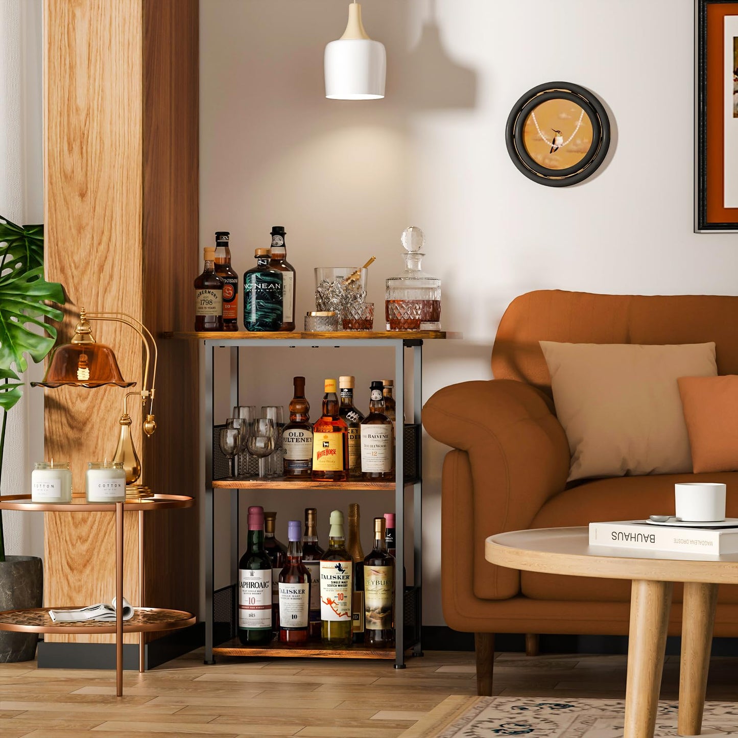 Eyteenokk Freestanding Wine Rack,3-Tier Small Mini Bar Table Liquor Cabinet with T-Shaped Countertop,Rustic Wood Metal Floor Wine Bottle Storage Stand for Home Bar Corner-23.62 x 9.44 x 27.67inches