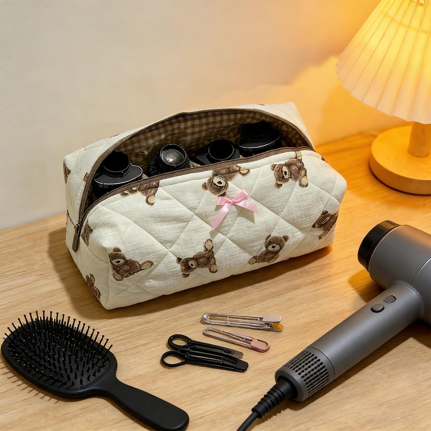 CEUTNIZ Hair Tools Travel Bag Compatible for Dyson Airwrap Cute Quilted Hair Tools Organizer for Shark Flexstyle (Bear)