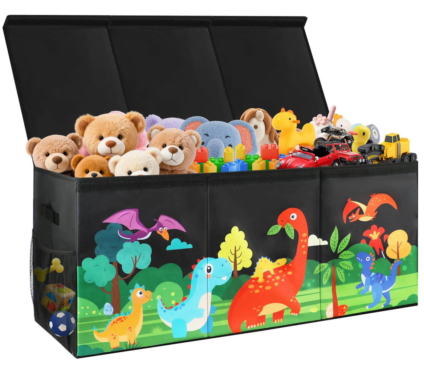 KORVAX Extra Large Kids Toy Box, Foldable Toy Organizer with Dividers & Lids, 148L Dinosaur Storage Bin for Toddlers Boys Girls, Collapsible Chest for Toys, Books, Bedroom, Playroom, Nursery Black