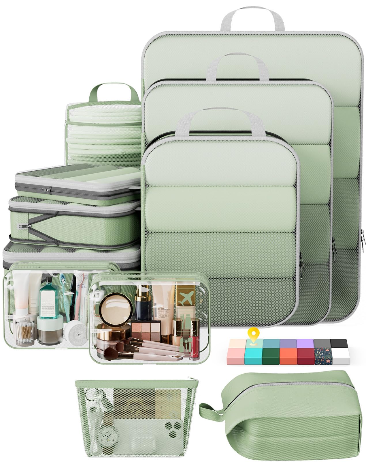Veken 11-Pack Compression Packing Cubes for Travel Essentials,Compressible Expandable Large Luggage Suitcase Organizer Bags for Clothing,Durable Space Saver Bags with Toiletry Bags(Matcha Green)