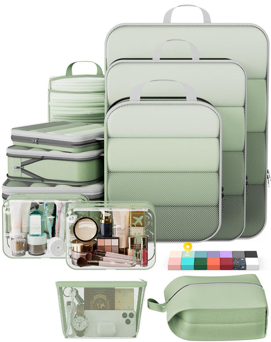 Veken 11-Pack Compression Packing Cubes for Travel Essentials,Compressible Expandable Large Luggage Suitcase Organizer Bags for Clothing,Durable Space Saver Bags with Toiletry Bags(Matcha Green)