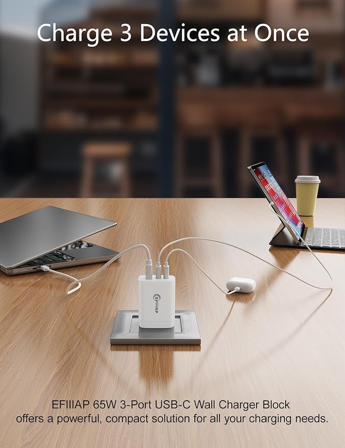 65W USB C Charger Block, 3-Port Foldable Type c Fast Charging for MacBook Air MacBook Pro 14 15 16 17, iPhone 17/16/15/14, Galaxy S25/S24/S23, iPad, AirPods & More (2Packs Without Cable)