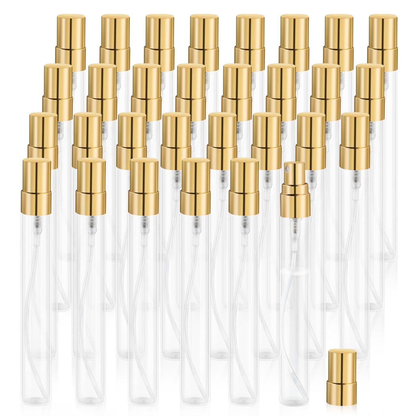 Mirrline 30 Pcs 10ml/0.34oz Mini Spray Bottle Glass Fine Mist Perfume Atomizer Empty Sample Containers with Golden Lids for Travel Cleaning Essential Oils