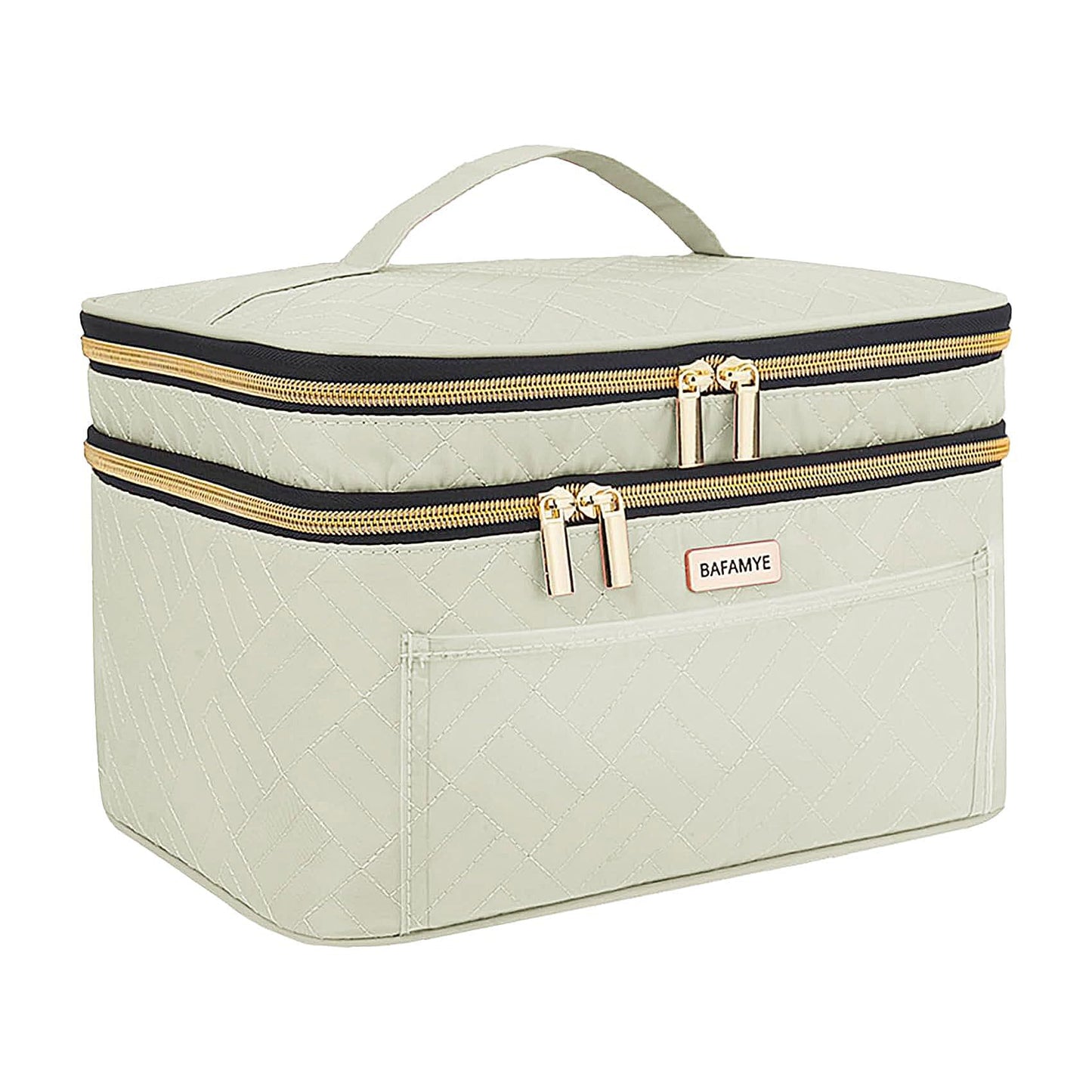 BAFAMYE 8.8L Double Layer Travel Makeup Bag Women, Large Cosmetic Case, Organizer for Travel-Size Accessories Bottles, Brushes, and Skin Care Products, Beige 2.33 GAL