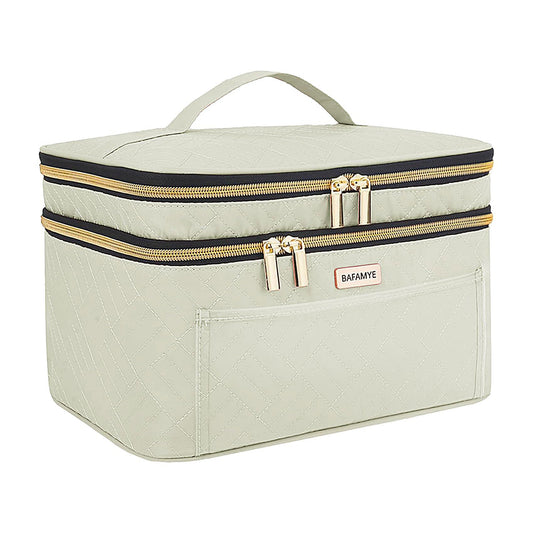 BAFAMYE 8.8L Double Layer Travel Makeup Bag Women, Large Cosmetic Case, Organizer for Travel-Size Accessories Bottles, Brushes, and Skin Care Products, Beige 2.33 GAL