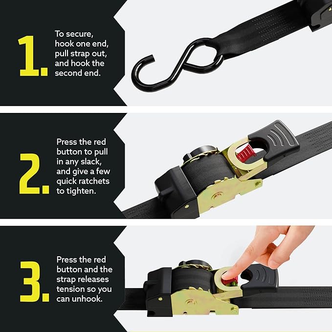DC Cargo Mall Auto Retractable Ratchet Straps (2-Pack) 1” x 10ft, Heavy Duty, 1,209lb Break Strength – Tie Down Straps for Cargo, Truck, Trailer, Motorcycle, Boat