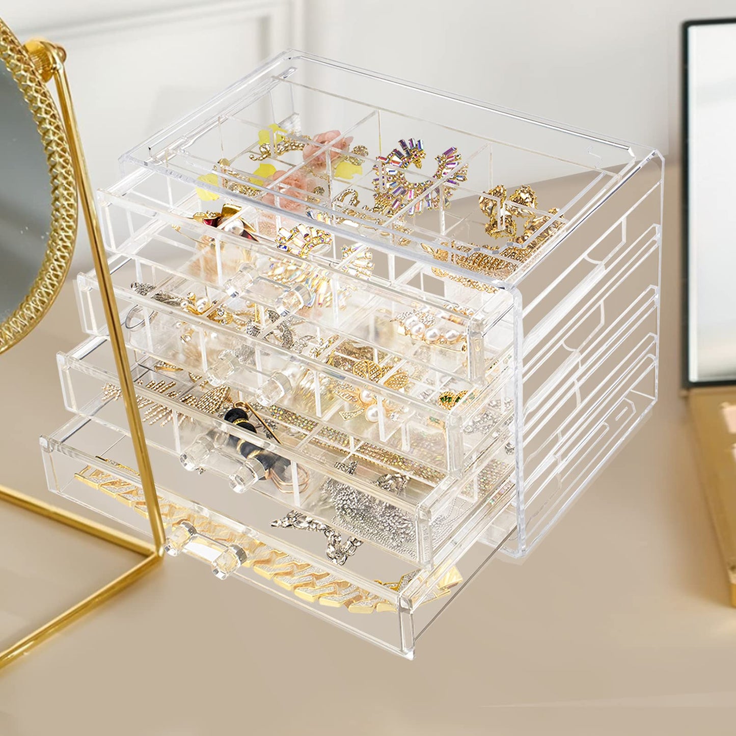 Weiai Clear Acrylic Jewelry Organizer Box 72 Adjustable Grids for Earrings Rings