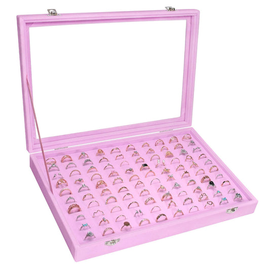 Siveit Velvet Ring Display Tray Organizer Box with Transparent Lid, 100 Slot Ring Holder Showcase For Store Display Jewelry Show Home, Pink