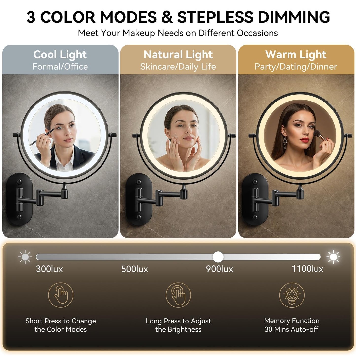 Auxmir 8'' Wall Mounted Lighted Makeup Mirror, 3200mAh Rechargeable Double-Sided 1X/20X Magnifying Mirror with Light, Touch Dimmable 3 Color Light, 360° Rotation Foldable Extended Arm, Black