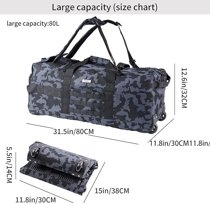 80L Waterproof Rolling Duffel Bag with Quick-Release Straps, Military Tactical Wheeled Foldable For Deployment Traveling Camping Sporting (Camouflage)