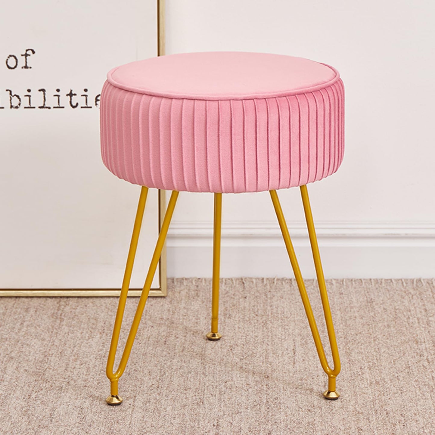Leesingdo Velvet Vanity Stool, Modern Ottoman Foot Rest Stool with Adjustable Golden Legs, Makeup Chair for Vanity, Multifunctional Small Vanity Chair for Bedroom, Pink