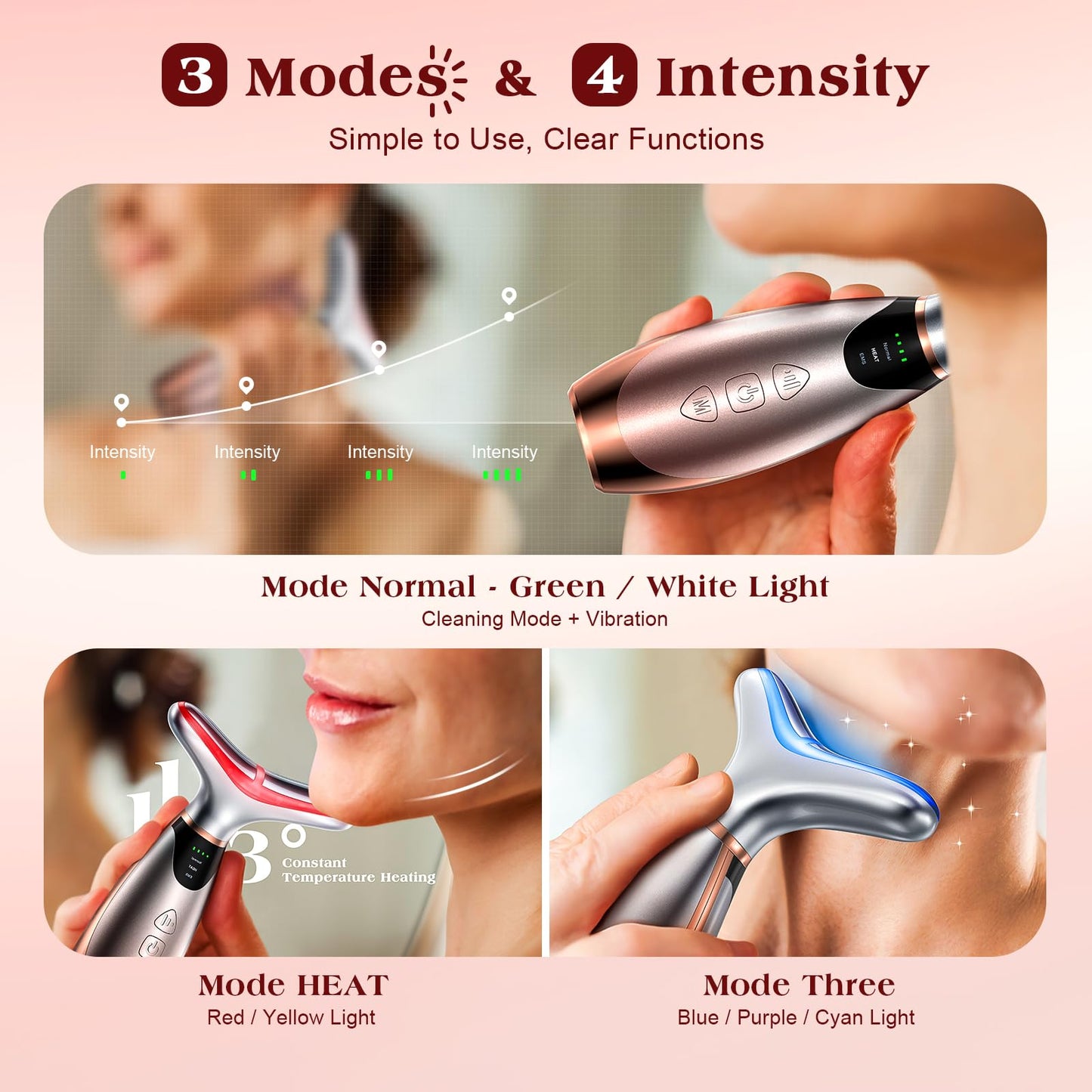 Pedete Facial Massager, 7 Colors Red Light Therapy for Face and Neck, Face Lift Device with 113°F Heating Vibration for Multi Skin Care(Silver)