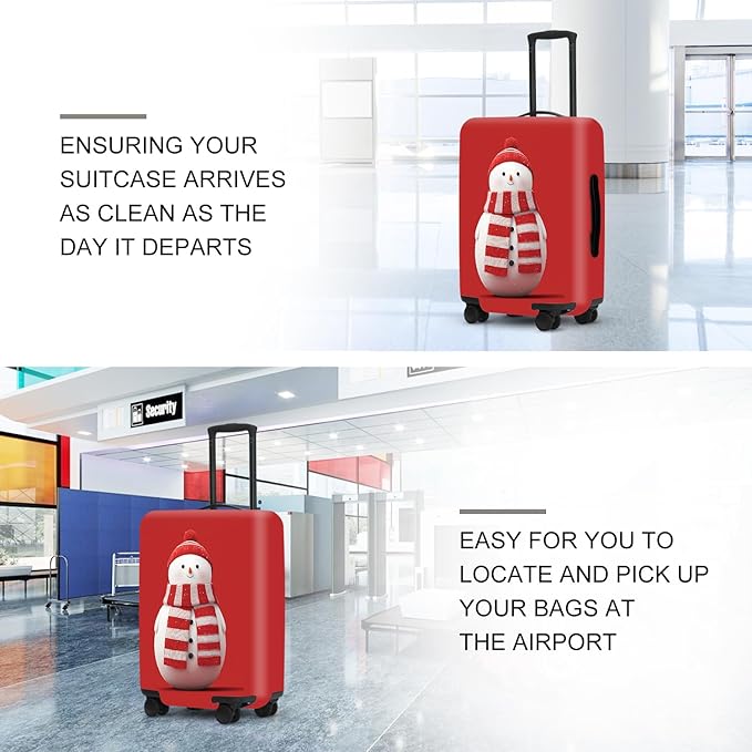 Snowman Christmas Luggage Cover - Red Background with Cute Snowman in Striped Scarf, Simple Stretchable Suitcase Cover 24 26 Inch