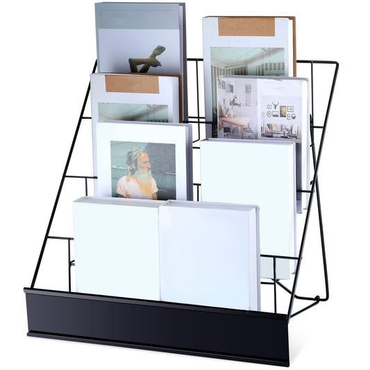 Sintuff Comic Book Display Stand 4 Tier Black Color Book Display Rack 18" Wire Tabletop Signing Cd Magazine Stand Rack Metal Countertop Decor for Retail Library Classroom Picture Literature Brochure