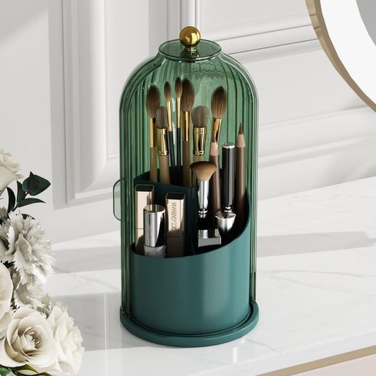 ZHUSSZHU Makeup Brush Holder with Lid Cosmetic Tools Organizer 360 Rotating Waterproof Dustproof Beauty Brushes Storage for Vanity, White Malachite green