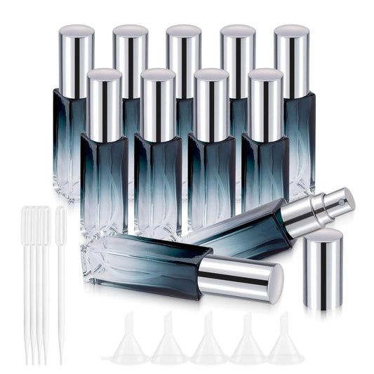 Kesell 11pack 10ml Glass Spray Bottle, Mini Square Perfume Vials Refillable Perfume Atomizer Fine Mist Liquid Spray Bottle for essential oil (Silver Cap)