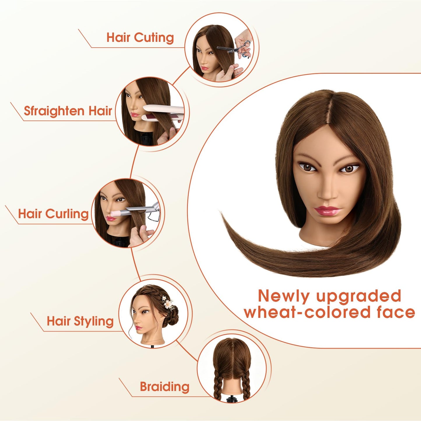 26''Real Hair Mannequin Head,TopDirect 100% Amber Brown Hairdresser Cosmetology Mannequin Doll Head Styling,Manikin Heads Hairs Braiding DIY Styling with Clamp Holder and Tools Set
