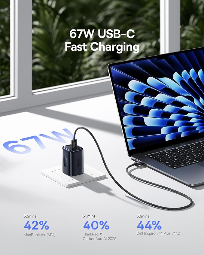 Baseus PICOGO 67W USB C Charger, Smallest 3 Port Fast Charging Block with Foldable Plug, PD/PPS for MacBook Air/Pro, iPhone 17/16/15 Series, Galaxy S25/24, Airpods 4 & More