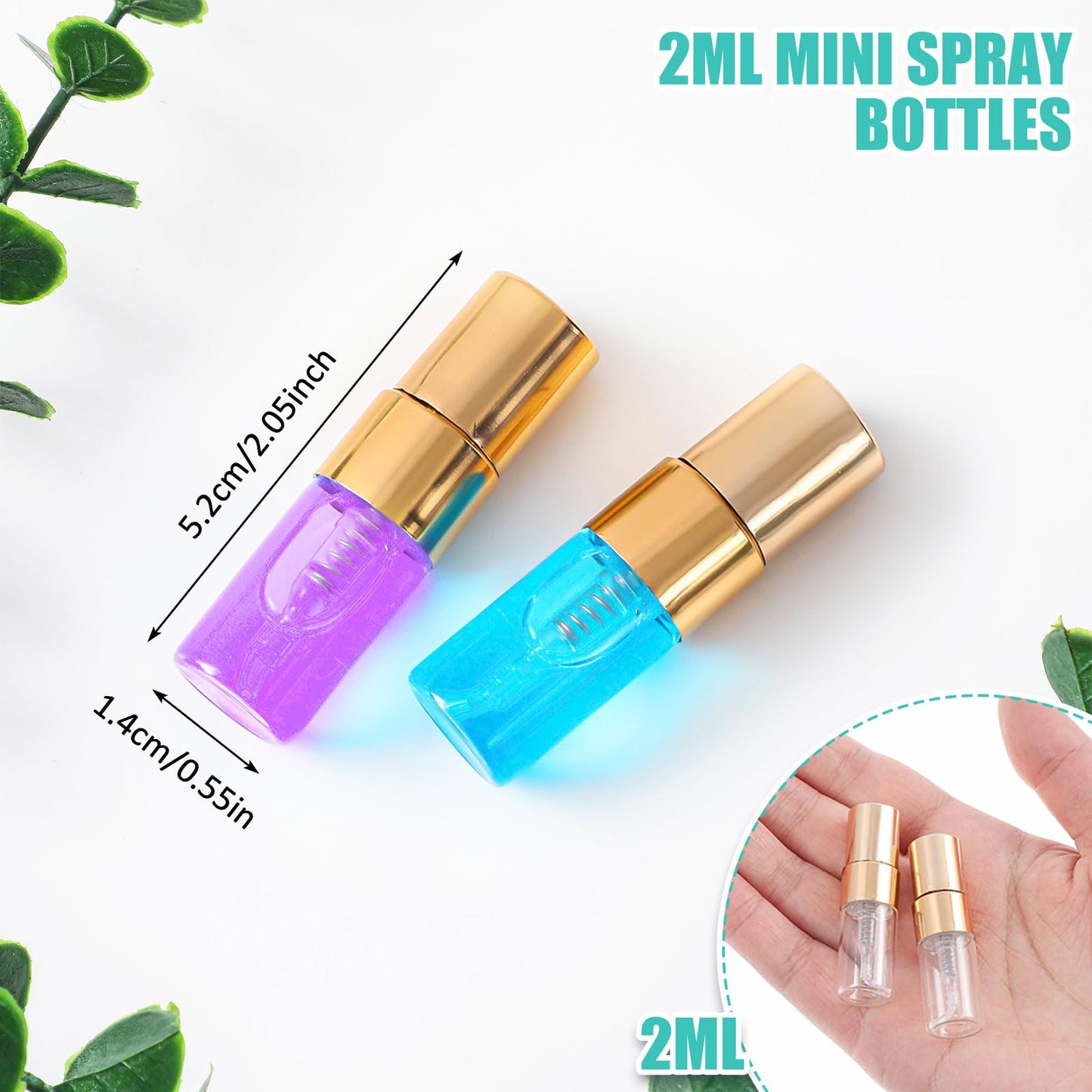 Zhehao 50 Pcs Mini Spray Bottles 2 ml Clear Glass Perfume Bottles Refillable Fine Mist Perfume Atomizer Portable Empty Sample Containers for Cleaning, Essential Oils, Travel (Gold Cap)
