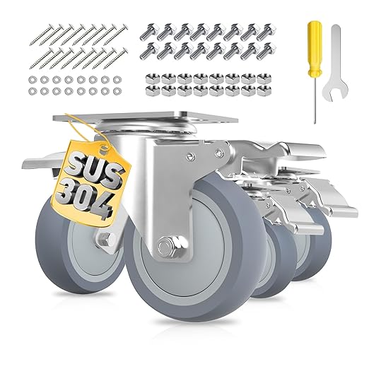 3 Inch Stainless Steel Caster Wheels with Brake, Heavy Duty 304 Casters Set of 4, Non-Marking TPR Quiet Wheels, 2600 lbs, Swivel for Furniture, Labs, Kitchens, Industrial with Hardware Kits