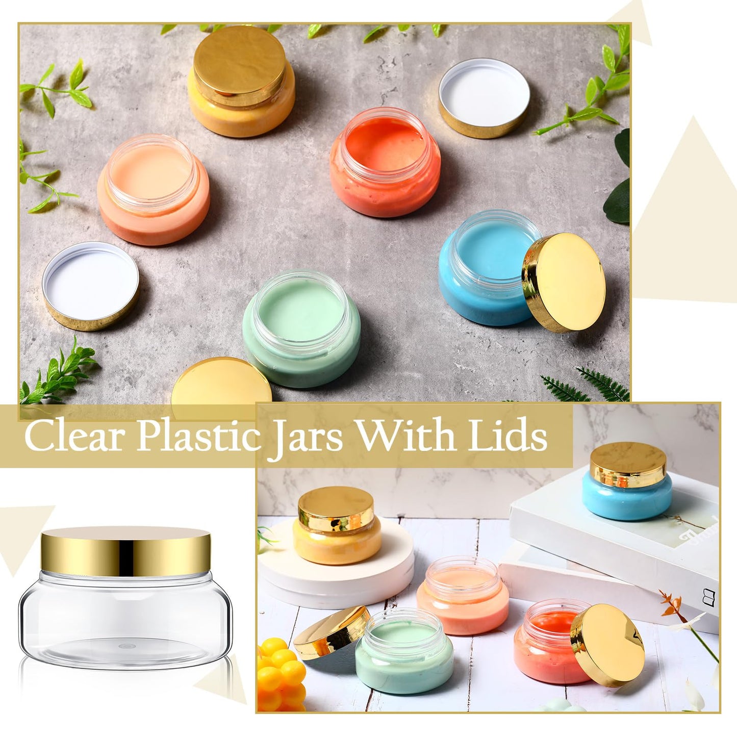 Mumufy 48pcs Plastic Jars with Lids Round Empty Containers Travel Containers for Creams Refillable Cosmetic Jars for Lotions Body Scrub Body Butter (5 oz,Gold,Clear)