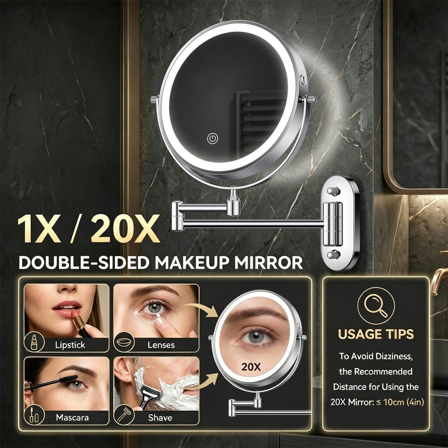 Auxmir 8'' Wall Mounted Lighted Makeup Mirror, 3200mAh Rechargeable Double-Sided 1X/20X Magnifying Mirror with Light, Touch Dimmable 3 Color Light, 360° Rotation Foldable Extended Arm, Chrome