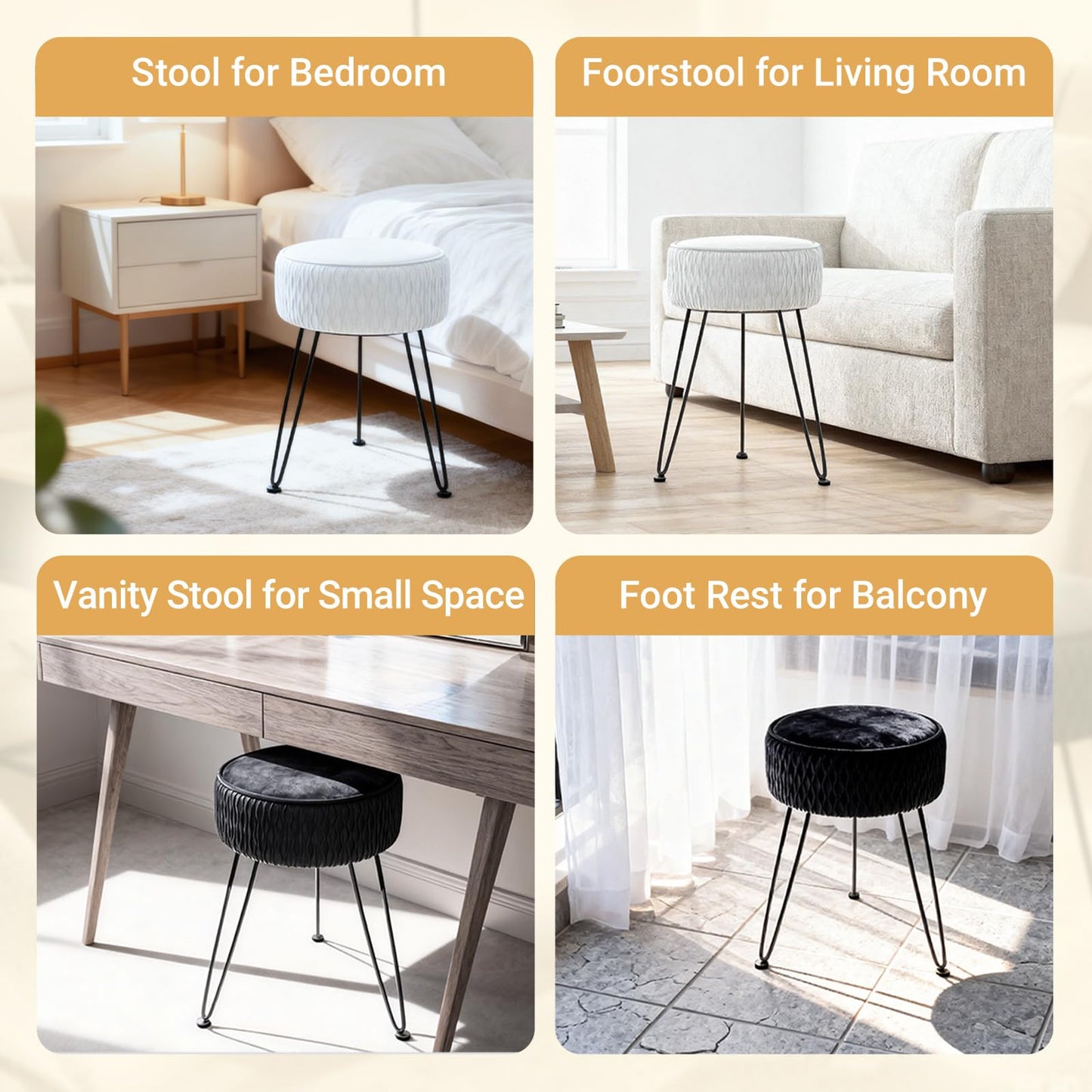 MOOWIND Velvet Vanity Stool Footrests, Round Ottoman Vanity Chairs with Anti-Slip Feet, Dressing Table Seat Foot Stool with Black Legs, Furry Padded Seat Side Table for Makeup Bedroom, Black