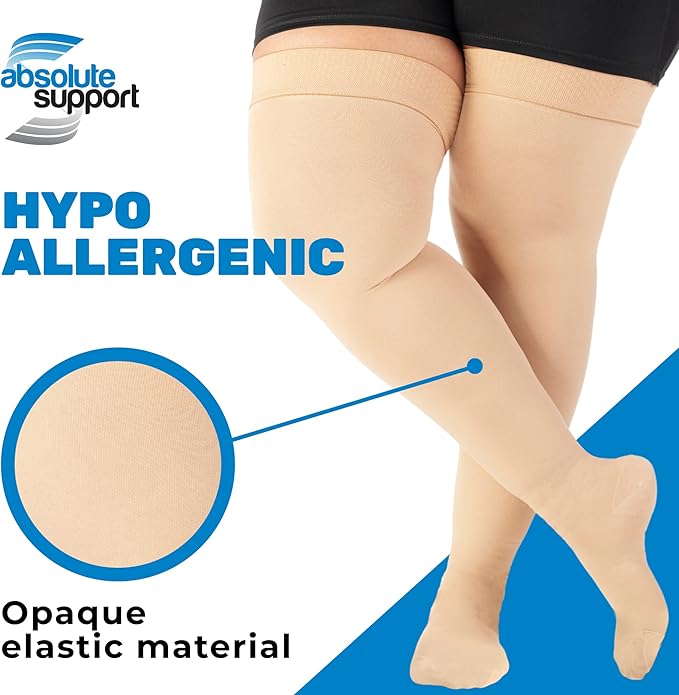 ABSOLUTE SUPPORT Plus Size Thigh High Compression Stockings for Men & Women 20-30mmHg - Unisex Opaque Over Knee Socks with Wide Calf for Postpartum, Achilles Tendon, Embolism, DVT - Beige, 3X-Large