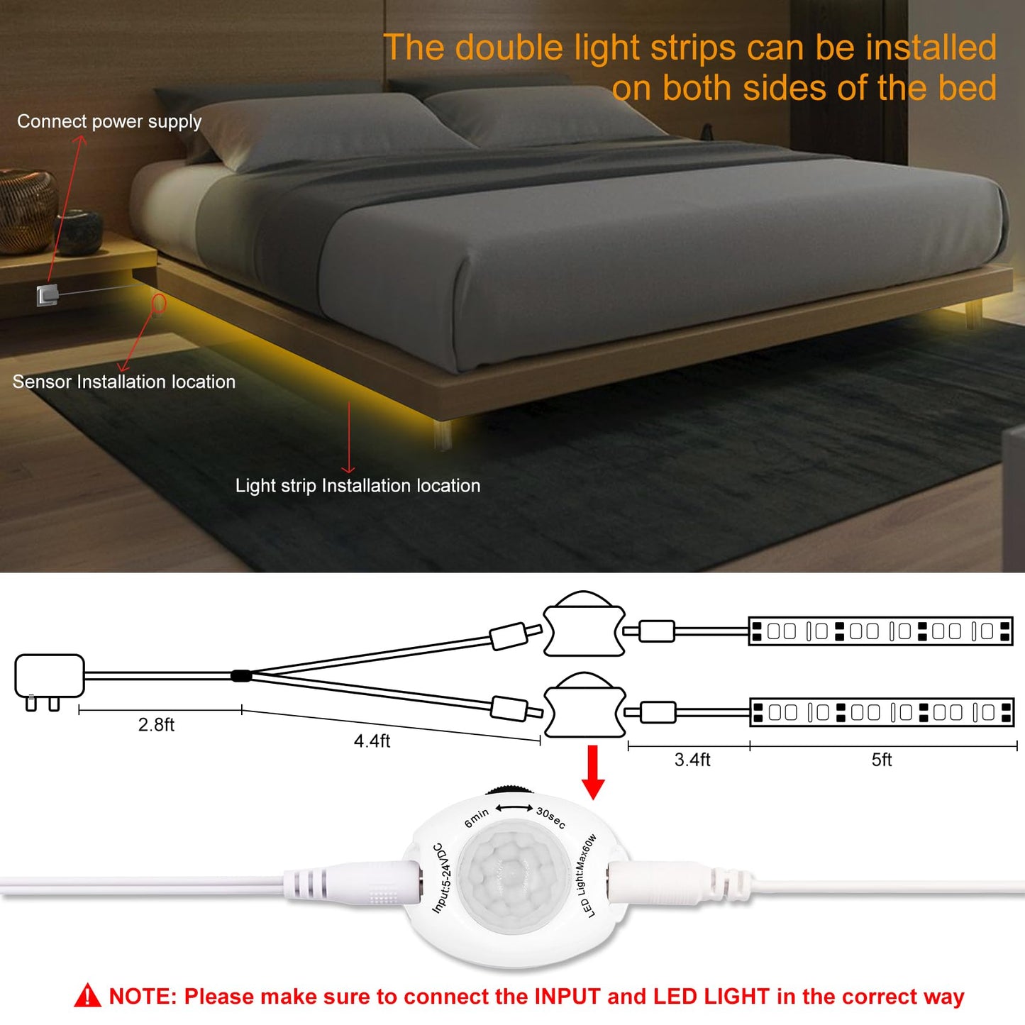 Vansky Motion Activated Bed Light, Flexible LED Strip Motion Sensor Night Light Bedside Lamp Illumination with Automatic Shut Off Timer (Warm Soft Glow)-Dual Light Strips Kit