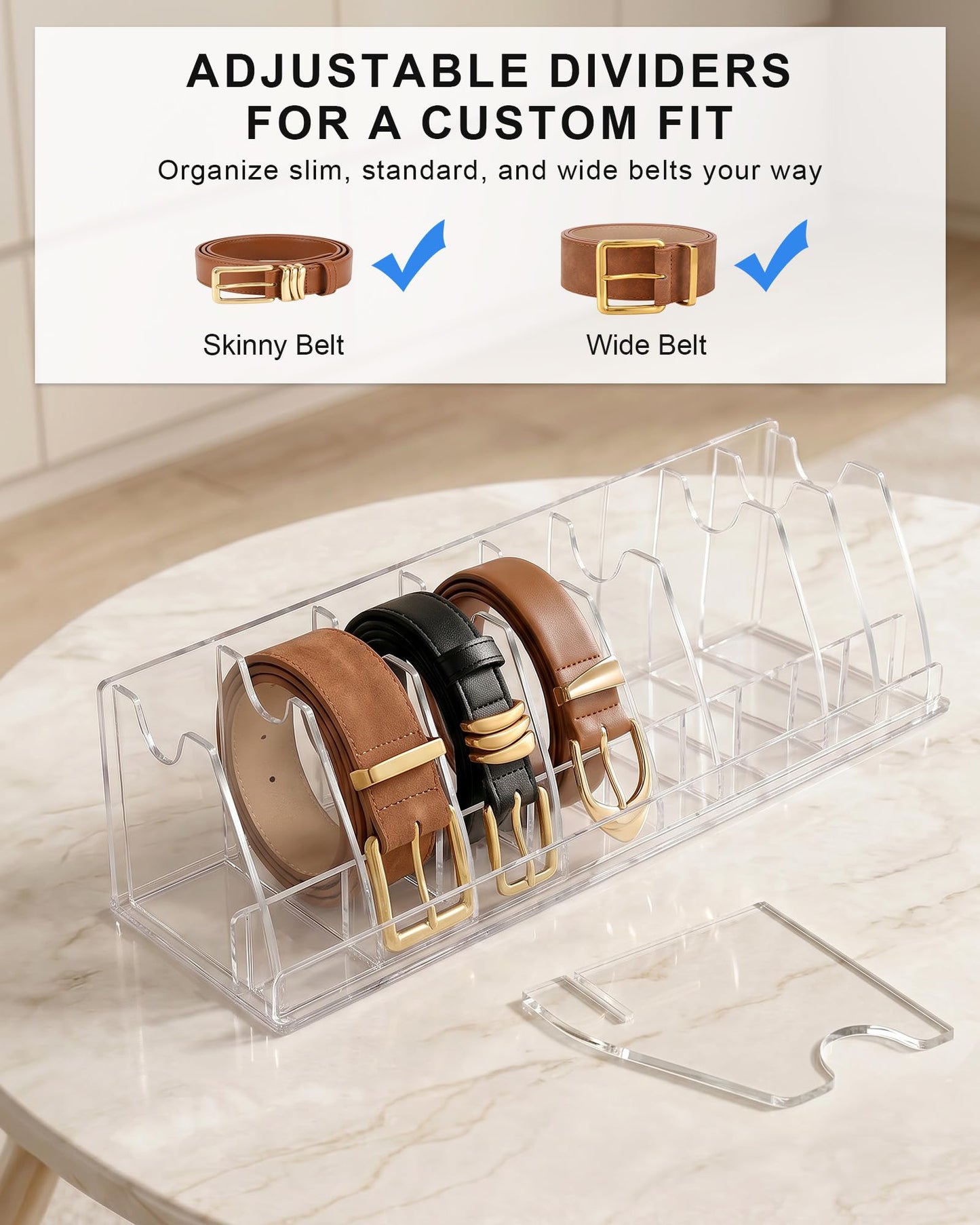 Acrylic Belt Organizer - Clear Belt Storage Holder for Closet with Removable Dividers - 7 Compartments and Display Stand