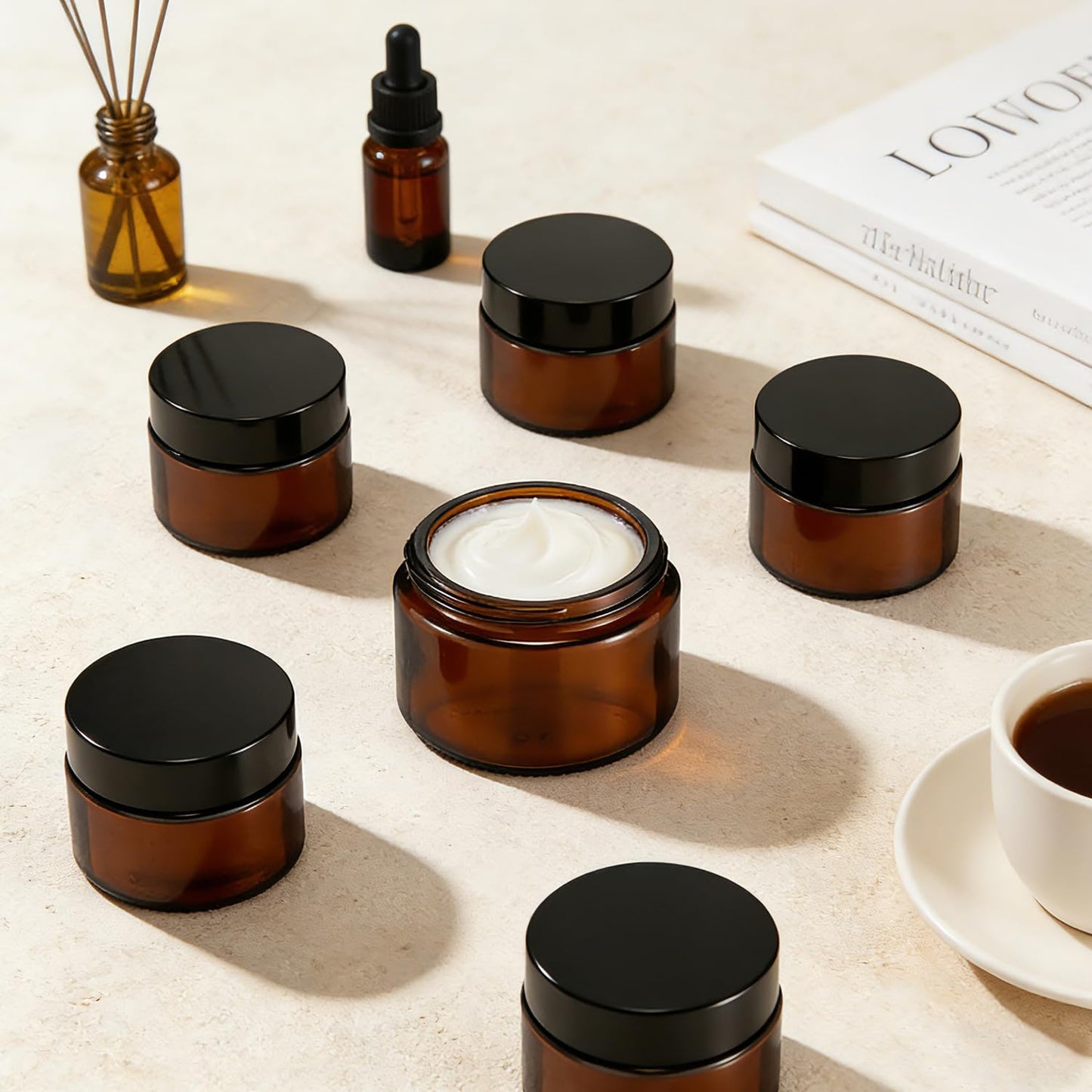 1oz Glass Jar with Lid,45 Pcs Amber Round Containers Cosmetic Glass Jars for Travel Body Scrub, Lotion, Body Butter, Bath Salts