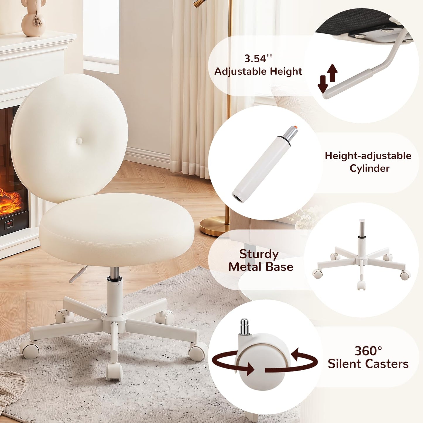 Furniliving Round Velvet Vanity Chair with Wheels, 360° Swivel Armless Desk Chair, Adjustable Height Rolling Makeup Chair for Bedroom Study Room, White
