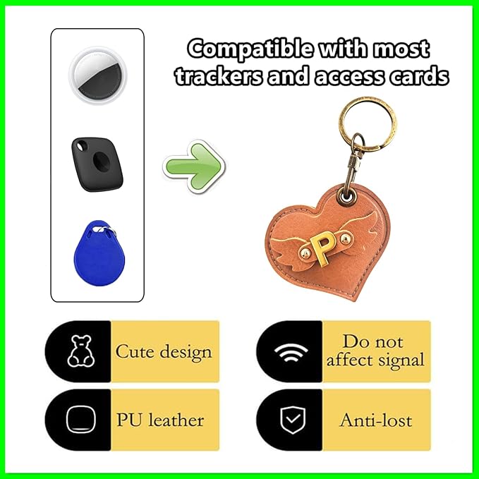 Initial Letter Leather Alphabet Keychain Holder Case Compatible with AirTag,Cute Protective Air Tag Cover with Bronze Keyring,Anti-Scratch Finder GPS Tracker Case for Pets Keys Wallet Luggage(P)