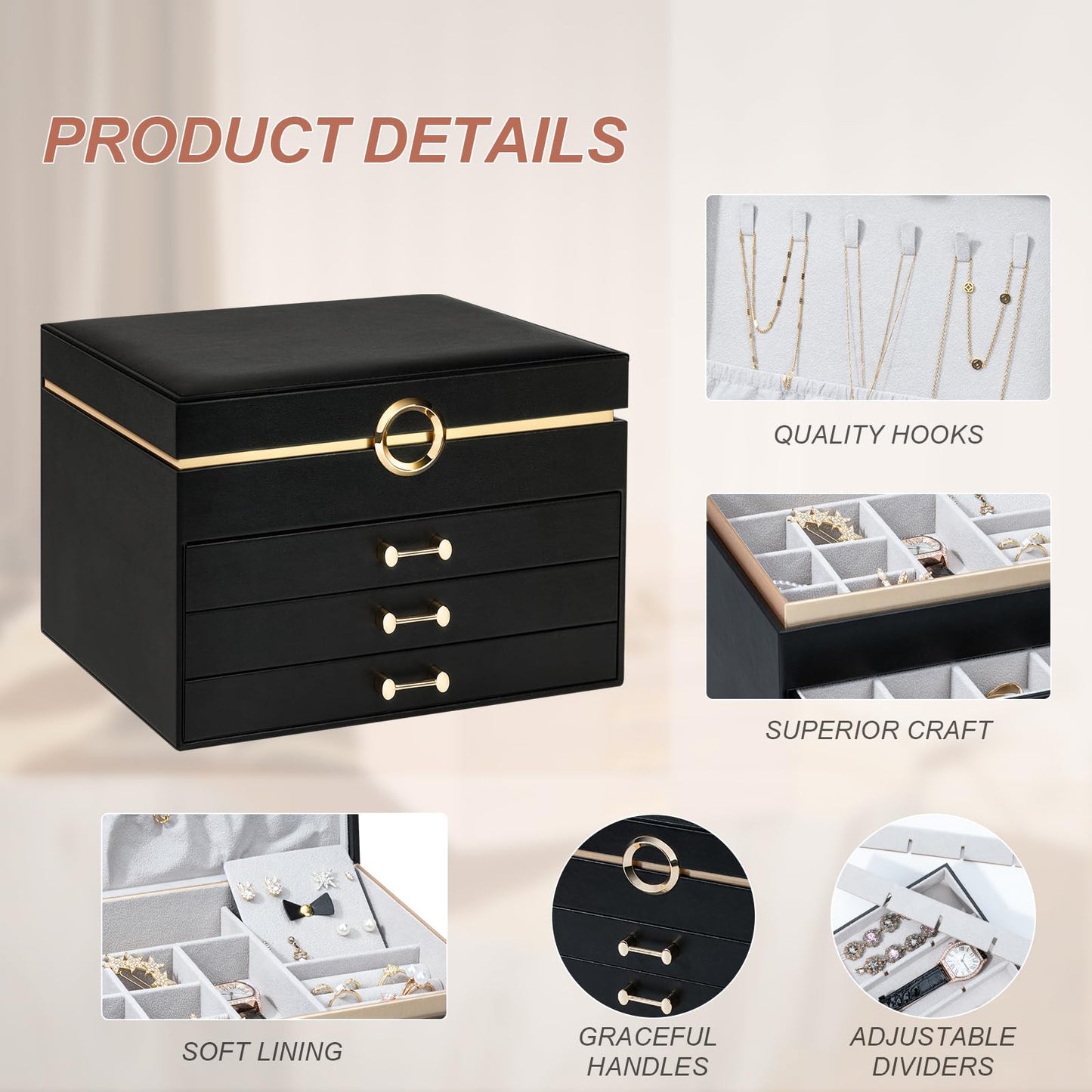 V-LAFUY Jewelry Boxes for Women, Large Jewelry Storage Boxes, 4-Layer Leather Jewelry Organizer with 3 Drawers, Jewelry Display Case Gift for Women Girls, Black