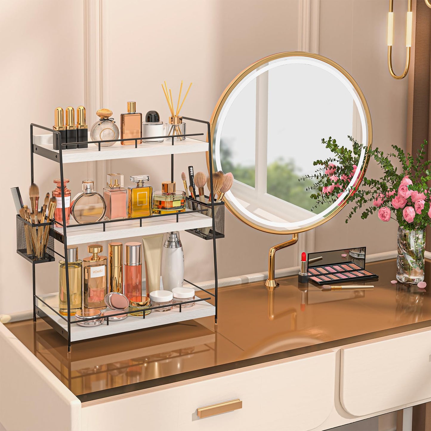 Bathroom Counter Organizer,Bathroom Countertop Organizer with Baskets,Vanity Organizers,Counter Shelf,Countertop Storage, Makeup Organizers(White)