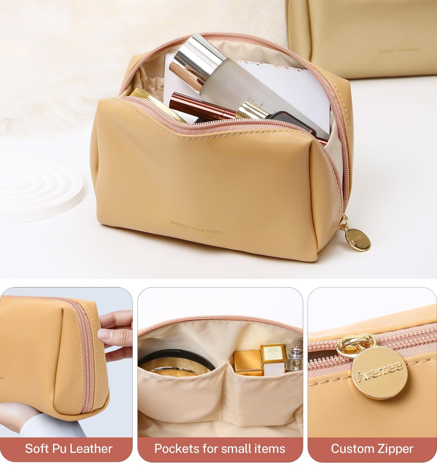 Aveniee Small Travel Makeup Bag, Vegan Leather Pouches for Purse, Cosmetic Case for Women, Toiletry Organizer for Travel Car Accessories with Divider & Zippers - Camel