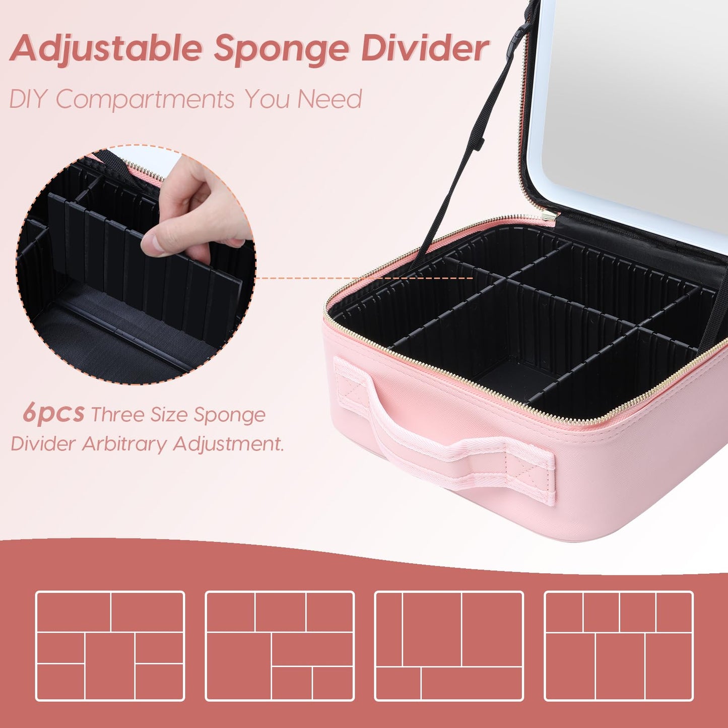 Gdsshuhung Makeup Bag with Mirror and Light, Cosmetic Travel Case with Mirror, Large Makeup Organizer with Mirror, Portable Makeup Case with Mirror for Women (Pink)