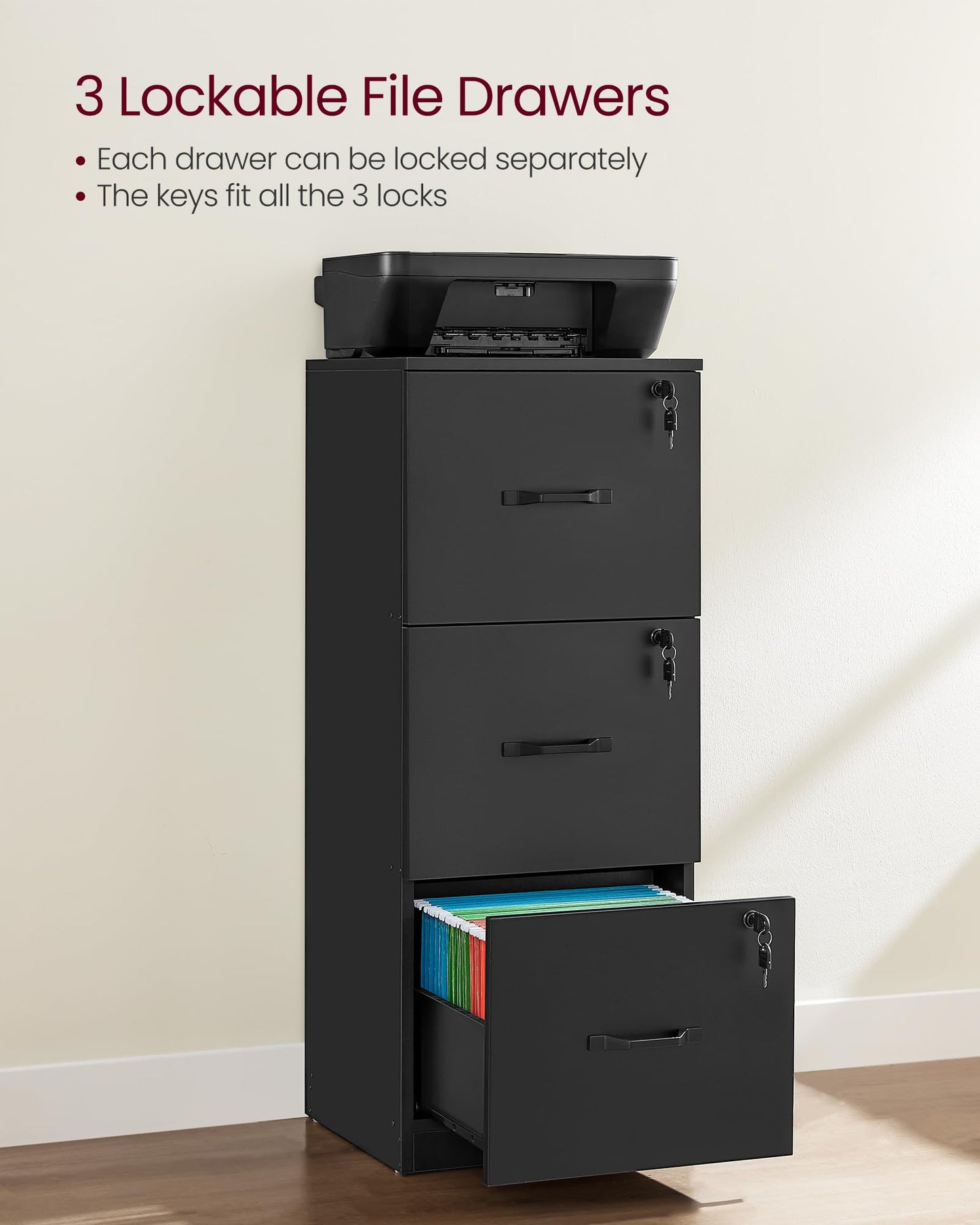 VASAGLE CUSTOS Collection - File Cabinet, 3 Drawer Filing Cabinet for Home Office, with Wheels, for A4, Letter Sized Documents, Hanging File Folders, Black UOFC055B16