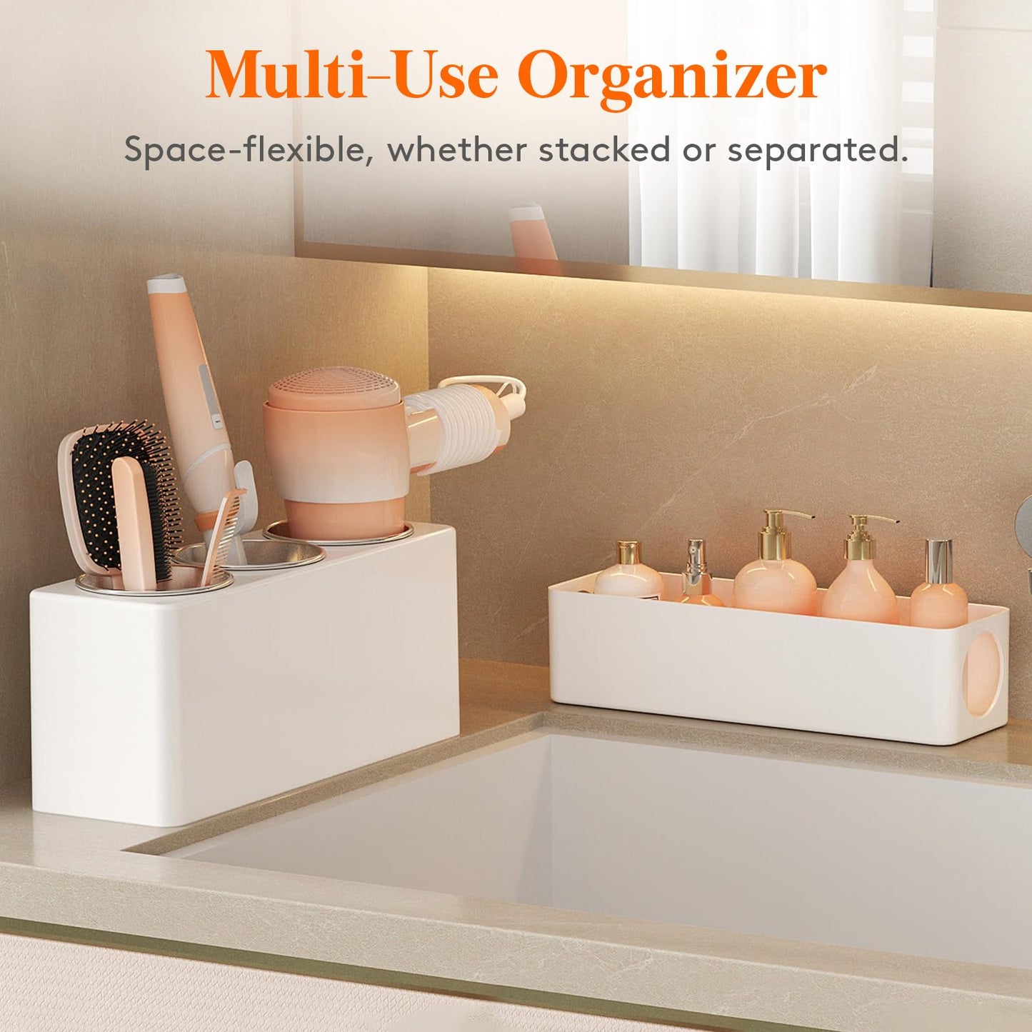 Lifewit Hair Tool Organizer Countertop, Removable Blow Dryer Holder for Bathroom, Acrylic Hot Tools Organizer Storage for Curling Iron, Brush, Straightener, 3 Stainless Cups, White, 30 cm/12 inch(L)