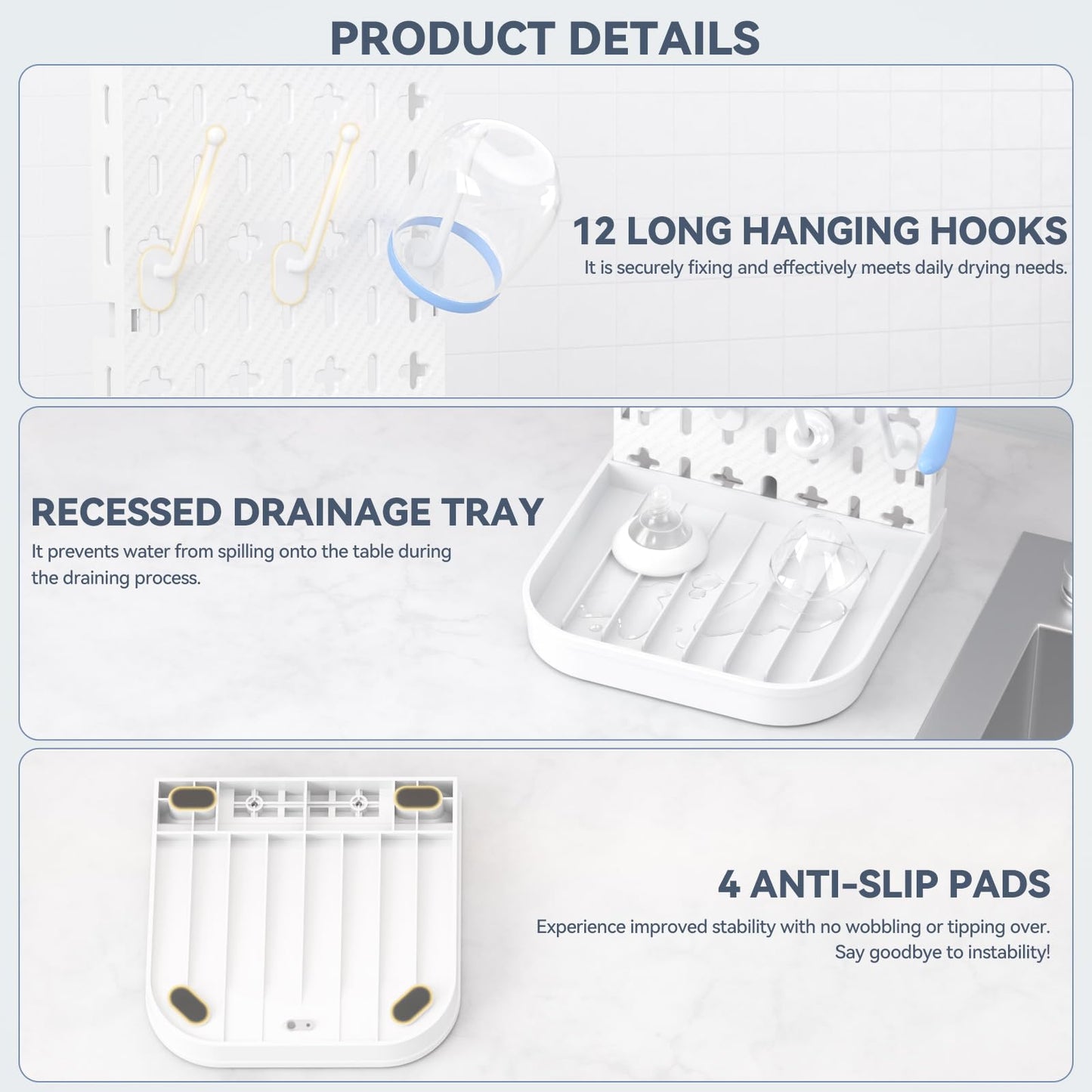 Baby Bottle Drying Rack Baby Bottle Holder Space Saving Bottle Dryer Rack Station Countertop Storage Organizer 12 Travel Bottle Drying Rack Vertical Breast Pump Part Plastic Bag Cup Dryer Tower White