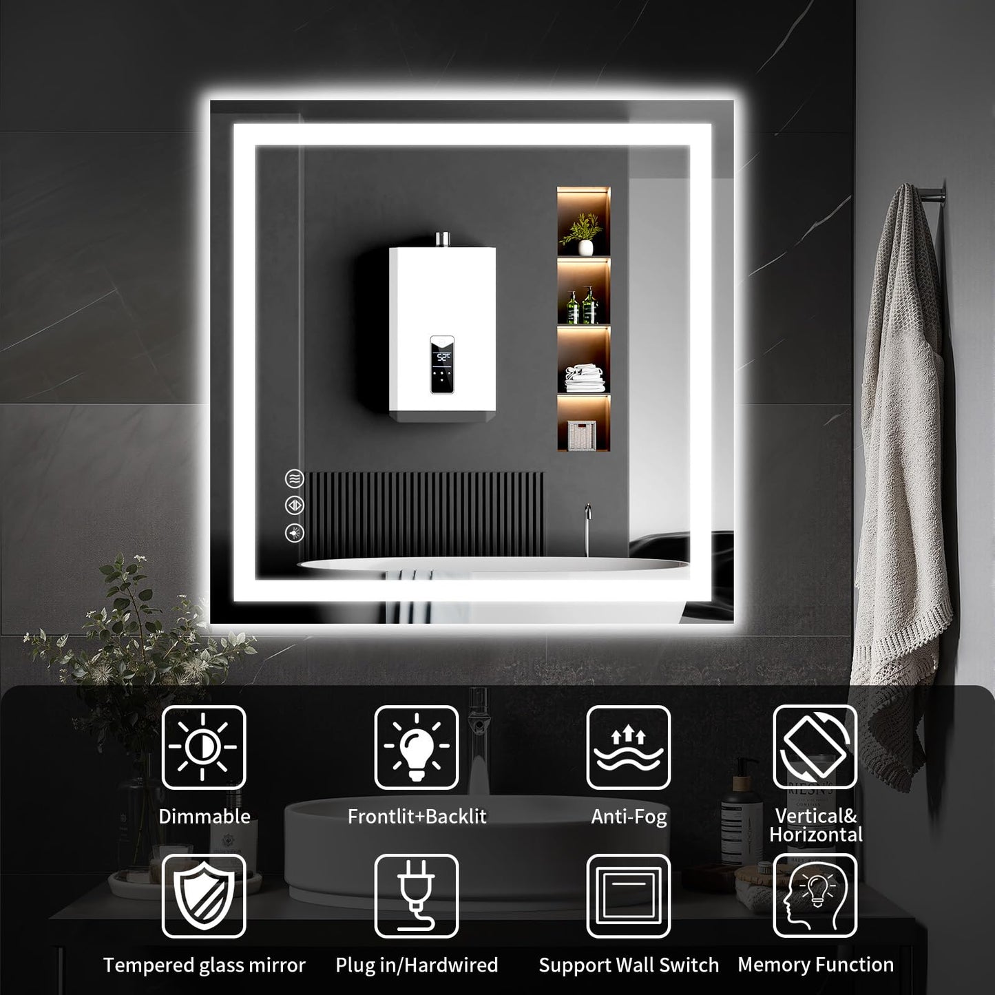 WISSMIELS 30"x30" LED Bathroom Mirror with Lights, Dimmable，Anti-Fog，Bathroom Vanity Mirror for Wall, Backlit + Front Lit, Memory Function, Shatter-Proof，Tempered Glass