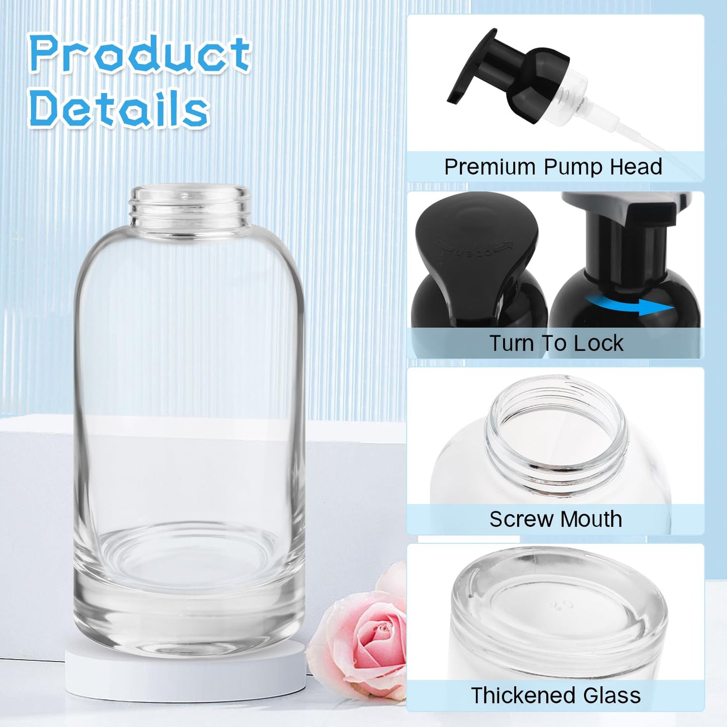 DynnnDy 350ml 2Pcs Premium Glass Foam Pump Bottles Travel Foaming Dispenser for Body Wash,Shampoo,Toiletries,Dish Liquid Soap