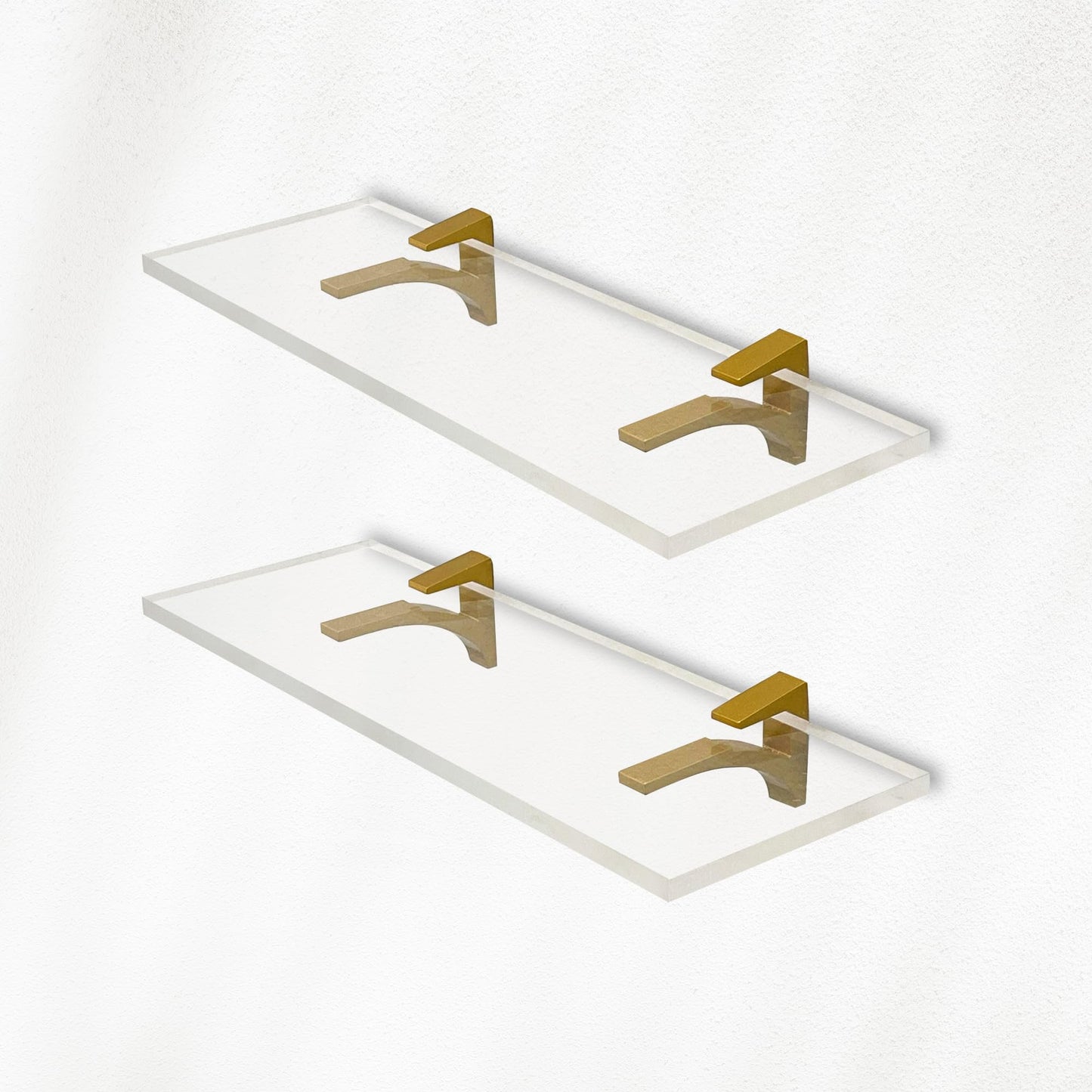 Clear Acrylic Shelves 11.5 inches, 3/4" Thick Transparent Wall Mounted Floating Shelves for Bedroom, Living Room, Bathroom, Kitchen -‎ with Screws and Brass Finish Brackets, Pack of 2