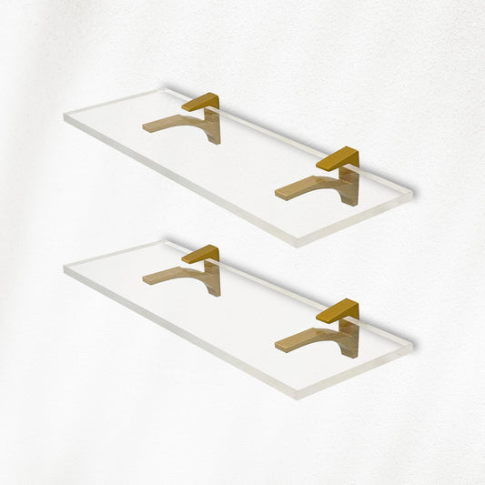 Clear Acrylic Shelves 11.5 inches, 3/4" Thick Transparent Wall Mounted Floating Shelves for Bedroom, Living Room, Bathroom, Kitchen -‎ with Screws and Brass Finish Brackets, Pack of 2