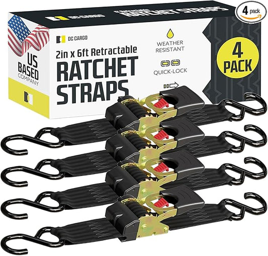 DC Cargo Mall Auto Retractable Ratchet Straps (4-Pack) 2” x 6ft, Super Heavy Duty, 4,033lb Break Strength – Tie Down Straps for Cargo, Truck, Trailer, Boats