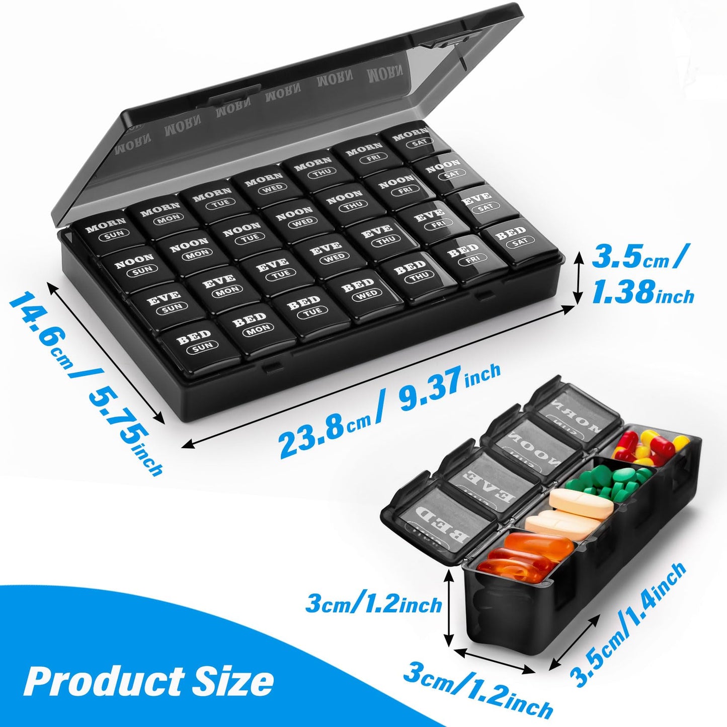 XL Large Weekly Pill Organizer 4 Times a Day, 7-Day Pill Boxes and Organizer AM PM, Big Compartments Pill Case, Monthly Medication Organizer 28-Days Dispenser for Fish Oils