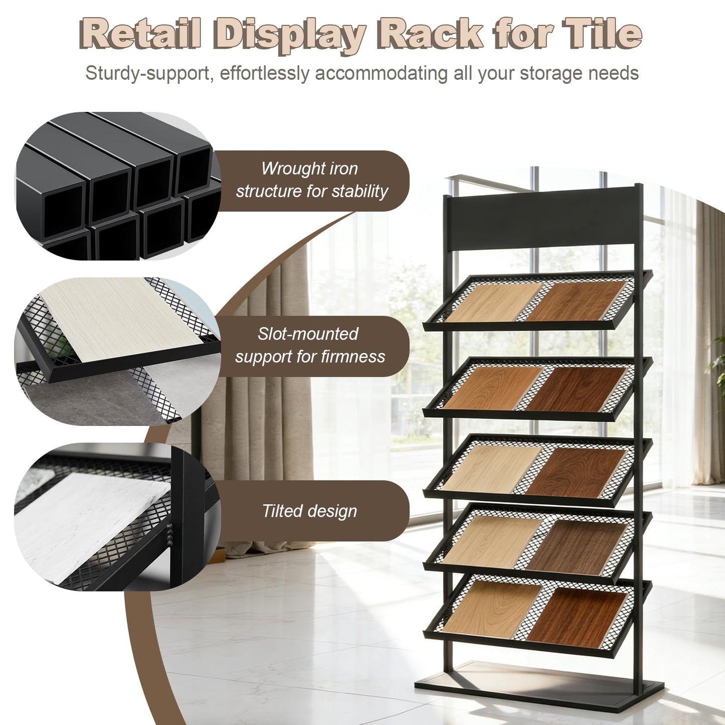 CDDUOLA 5-tier Floor Tile Display Stand, Retail Display Rack for Tile, Building Material Swatch Sample Storage Holder for Exhibition Hall Trade Show Vendor Events(Black, Height-59in)