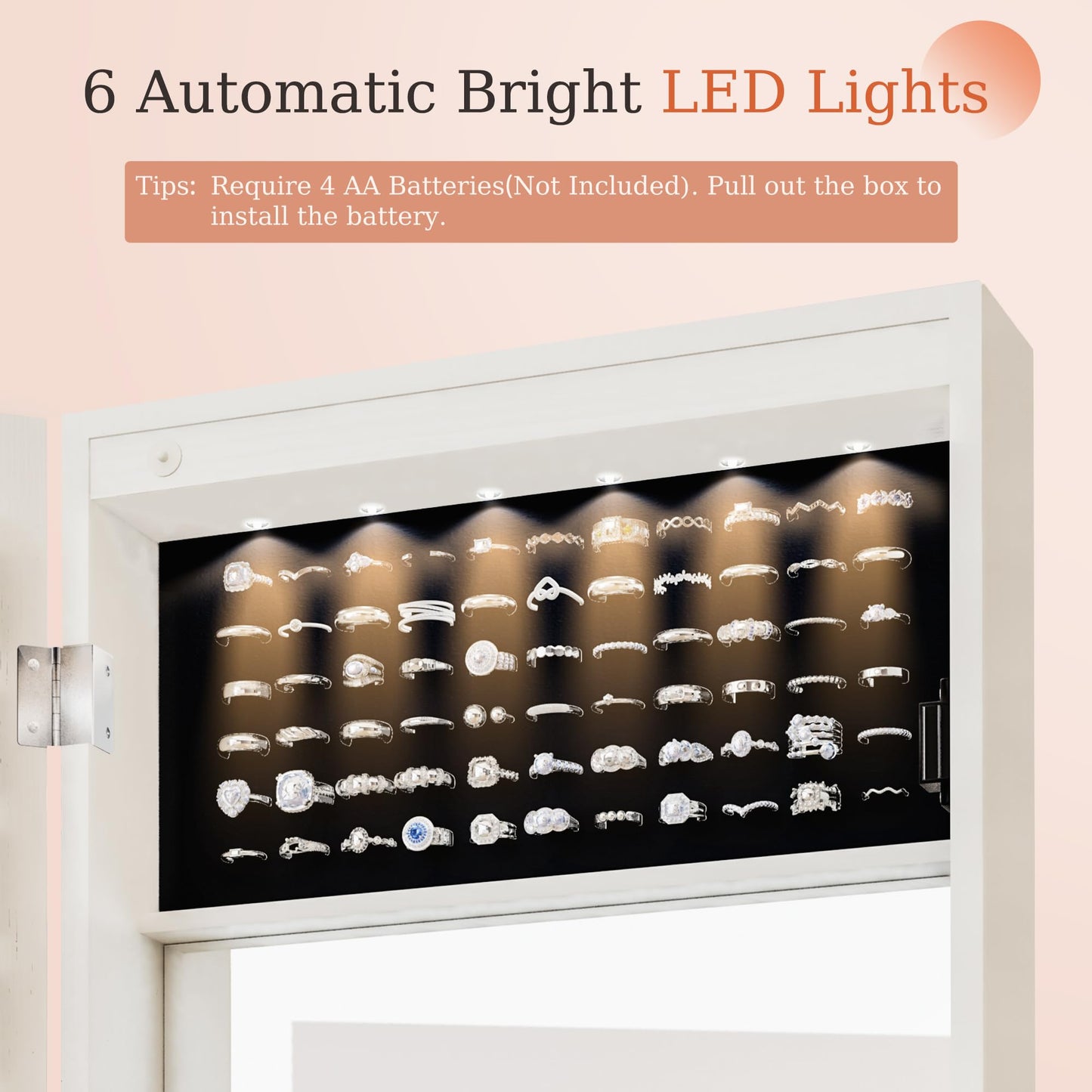 Unisakey Mirror Jewelry Cabinet,Lockable Wall or Door Mounted Jewelry Armoire Organizer With Built-up Mirror,LED Lights, Drawers,Cosmetic Trays,Shelves, 14.4"x3.15"x 43.1"（White）