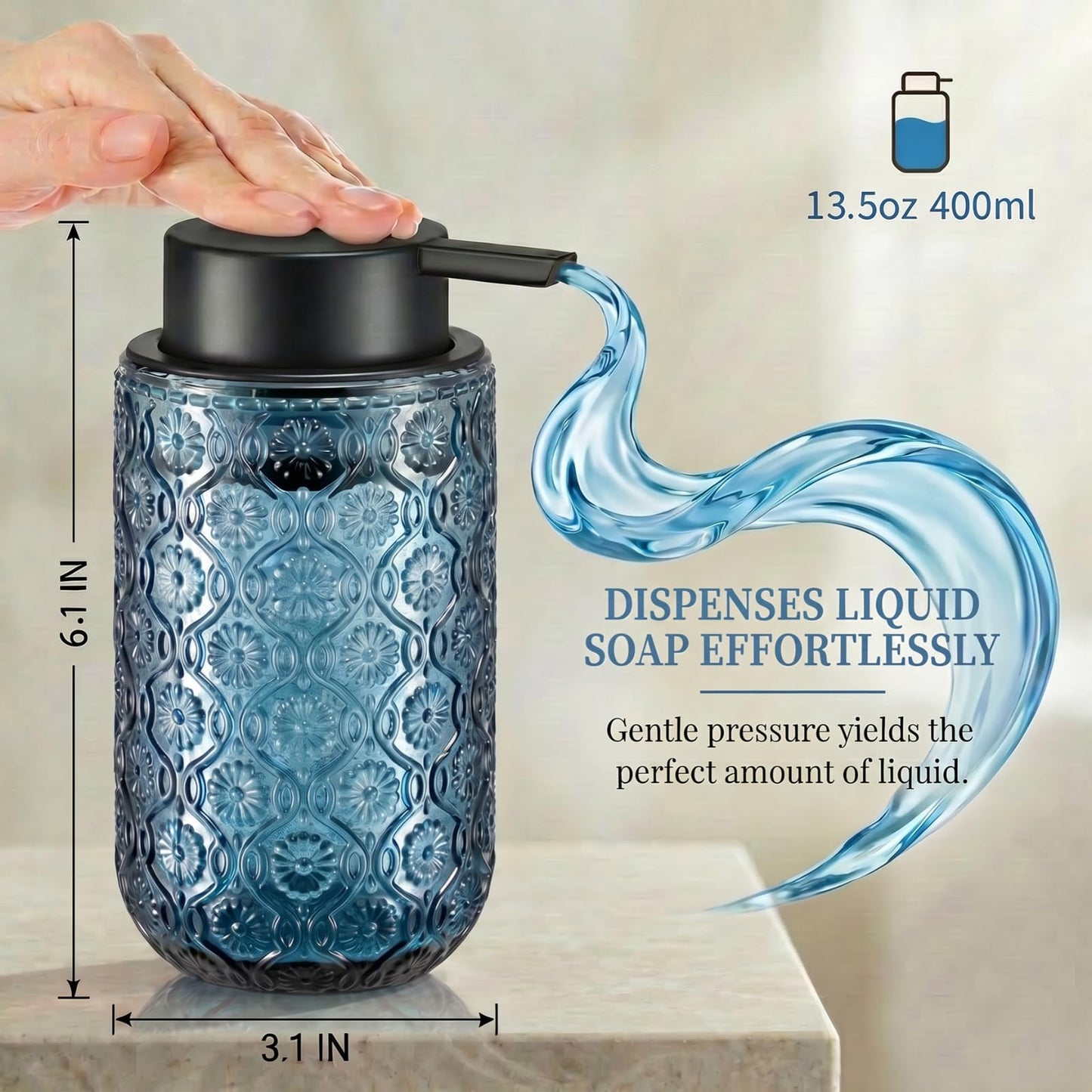zuxzmj Blue Glass Liquid Hand Soap Dispenser with Matte Black Pump Thick Embossed Bottle Refillable for Bathroom and Kitchen Decor 13.5 oz